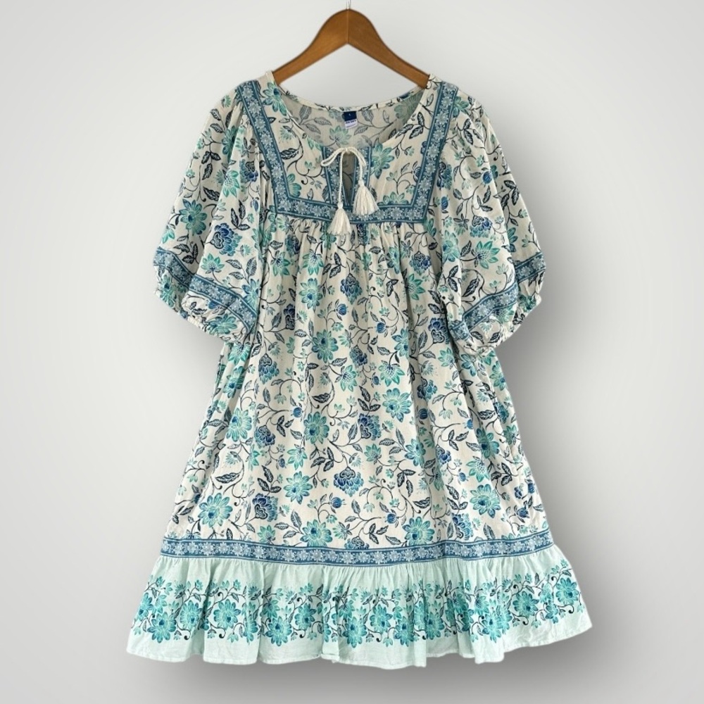 Old Navy White Floral Mini Dress with Teal and Navy Accents